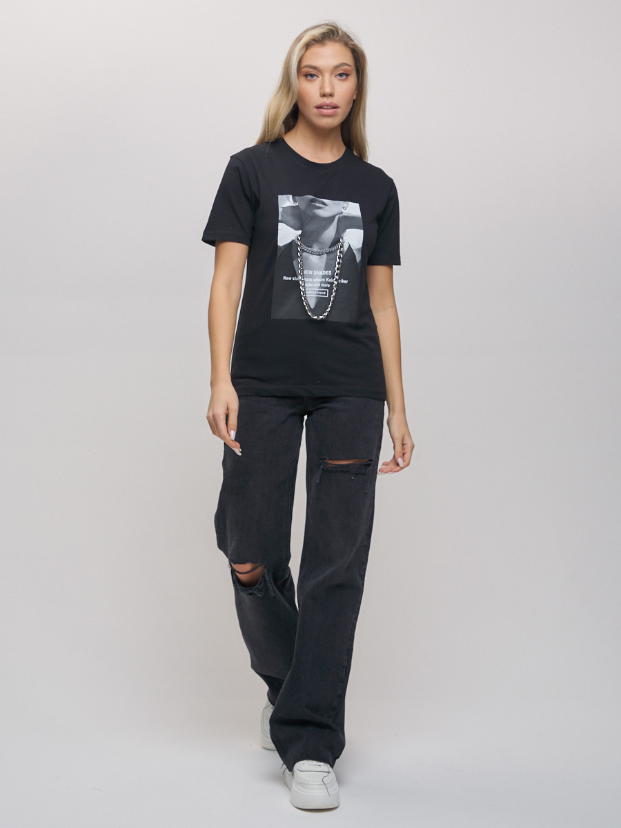 Купить оптом Женские футболки с принтом черного цвета 65016Ch в Екатеринбурге