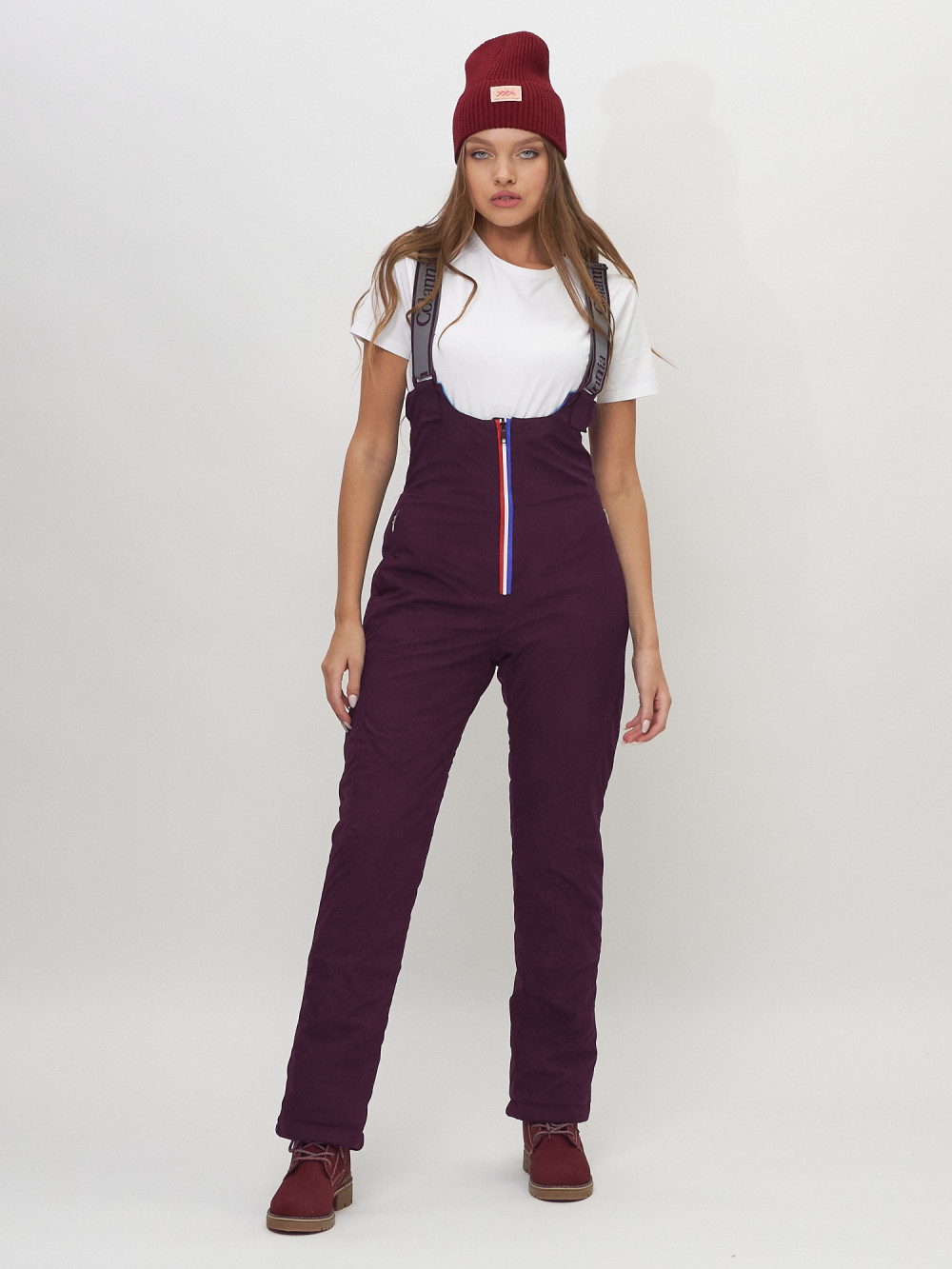 Купить оптом Полукомбинезон брюки горнолыжные темно-бордового цвета женские  66179Tb в Казани