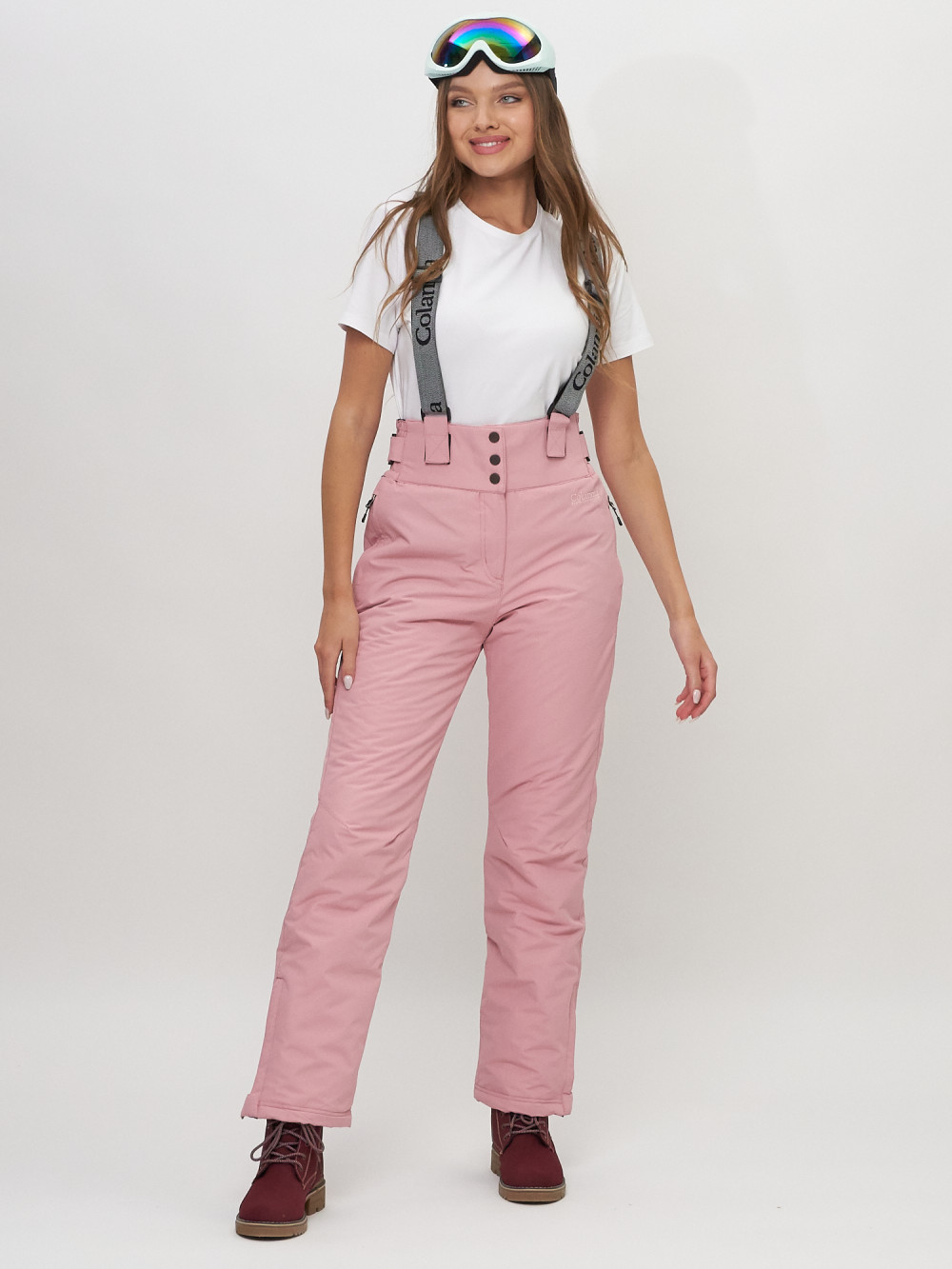 Купить оптом Полукомбинезон брюки горнолыжные женские розового цвета 66215R в Екатеринбурге