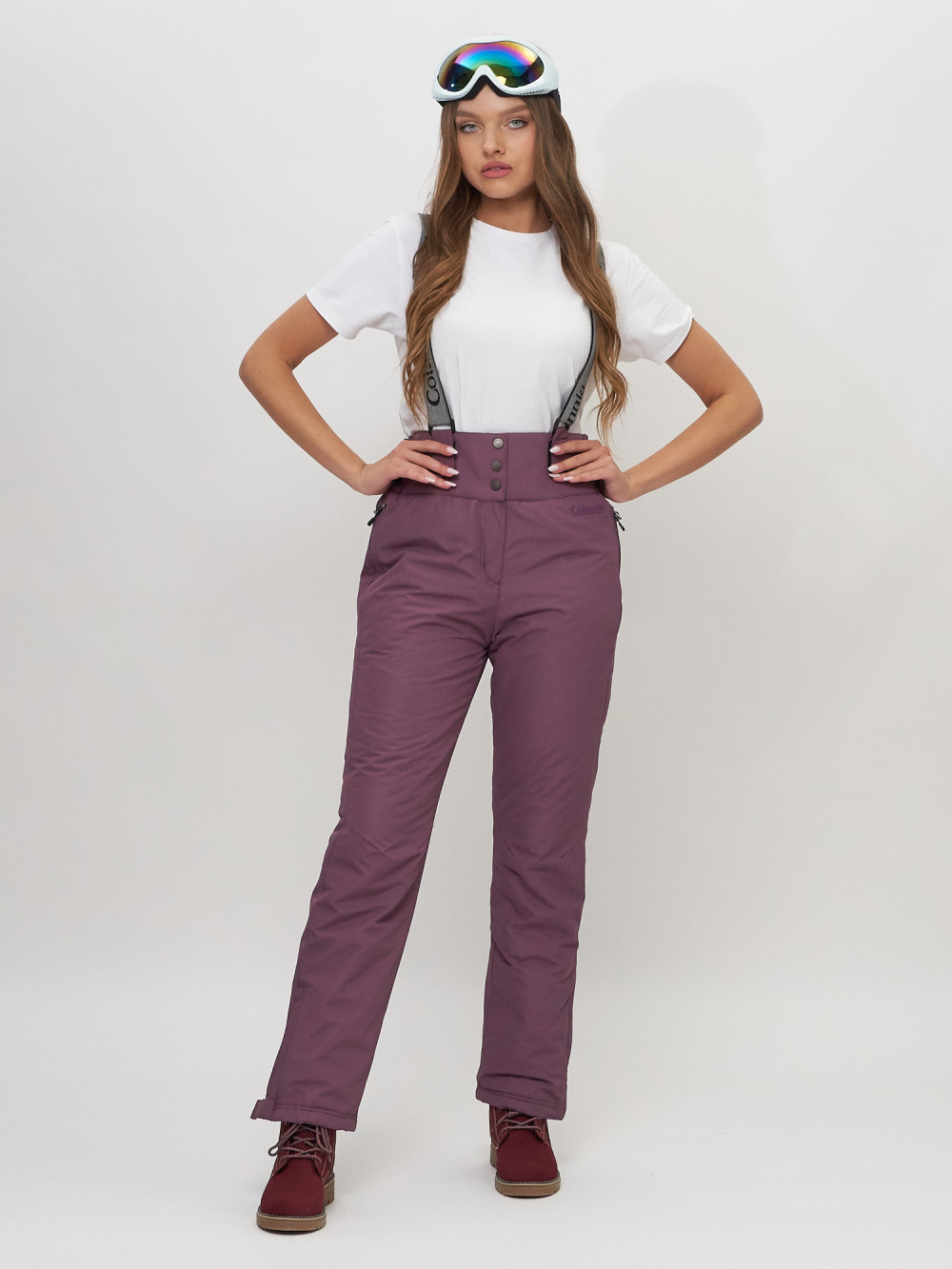 Купить оптом Полукомбинезон брюки горнолыжные женские темно-фиолетового цвета 66215TF в Екатеринбурге