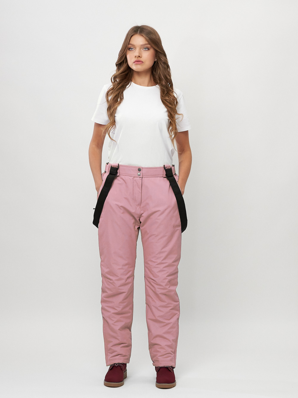 Купить оптом Полукомбинезон брюки горнолыжные женские big size розового цвета 66413R в Екатеринбурге