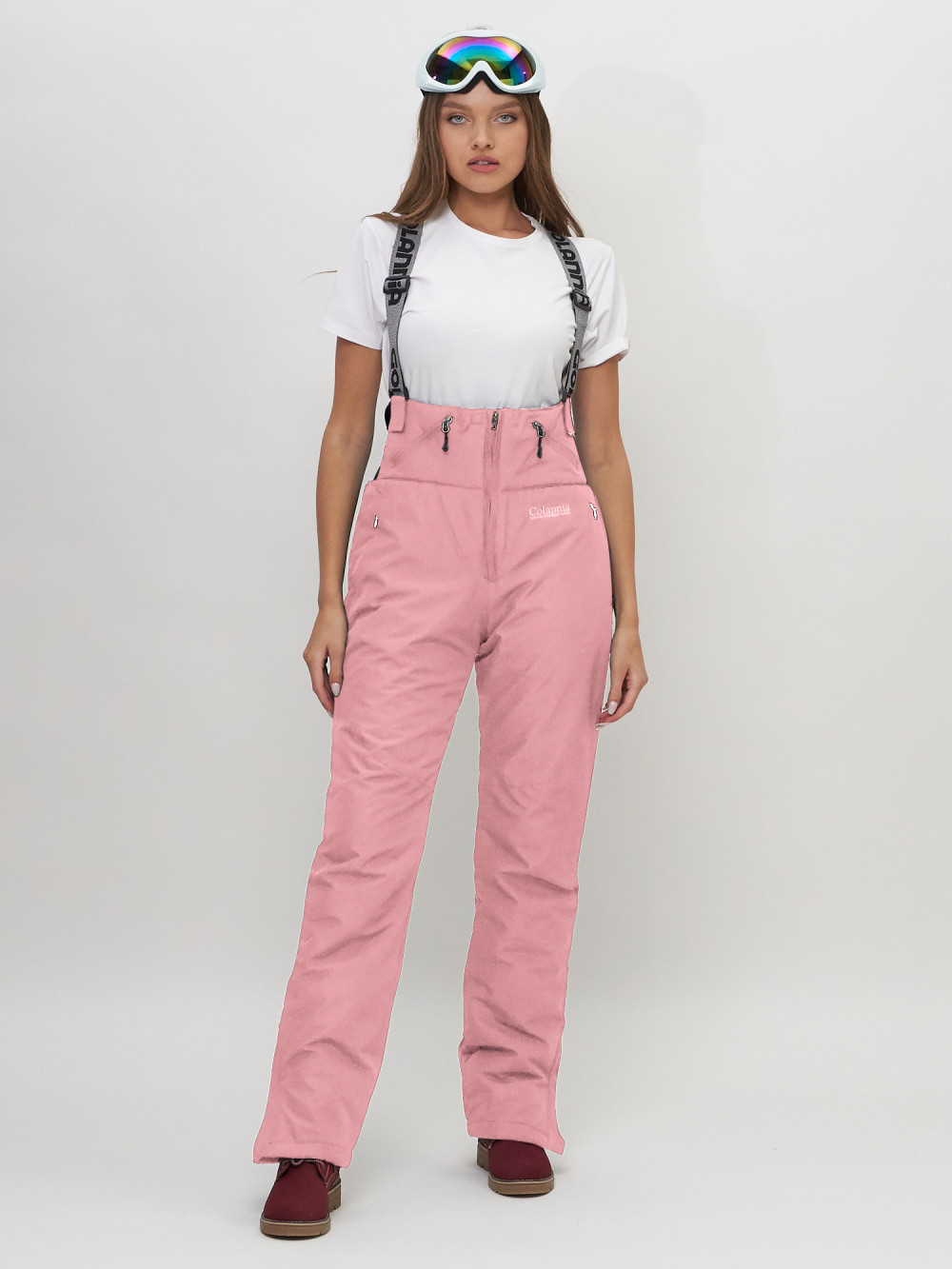 Купить оптом Полукомбинезон брюки горнолыжные женские розового цвета 66789R в Екатеринбурге