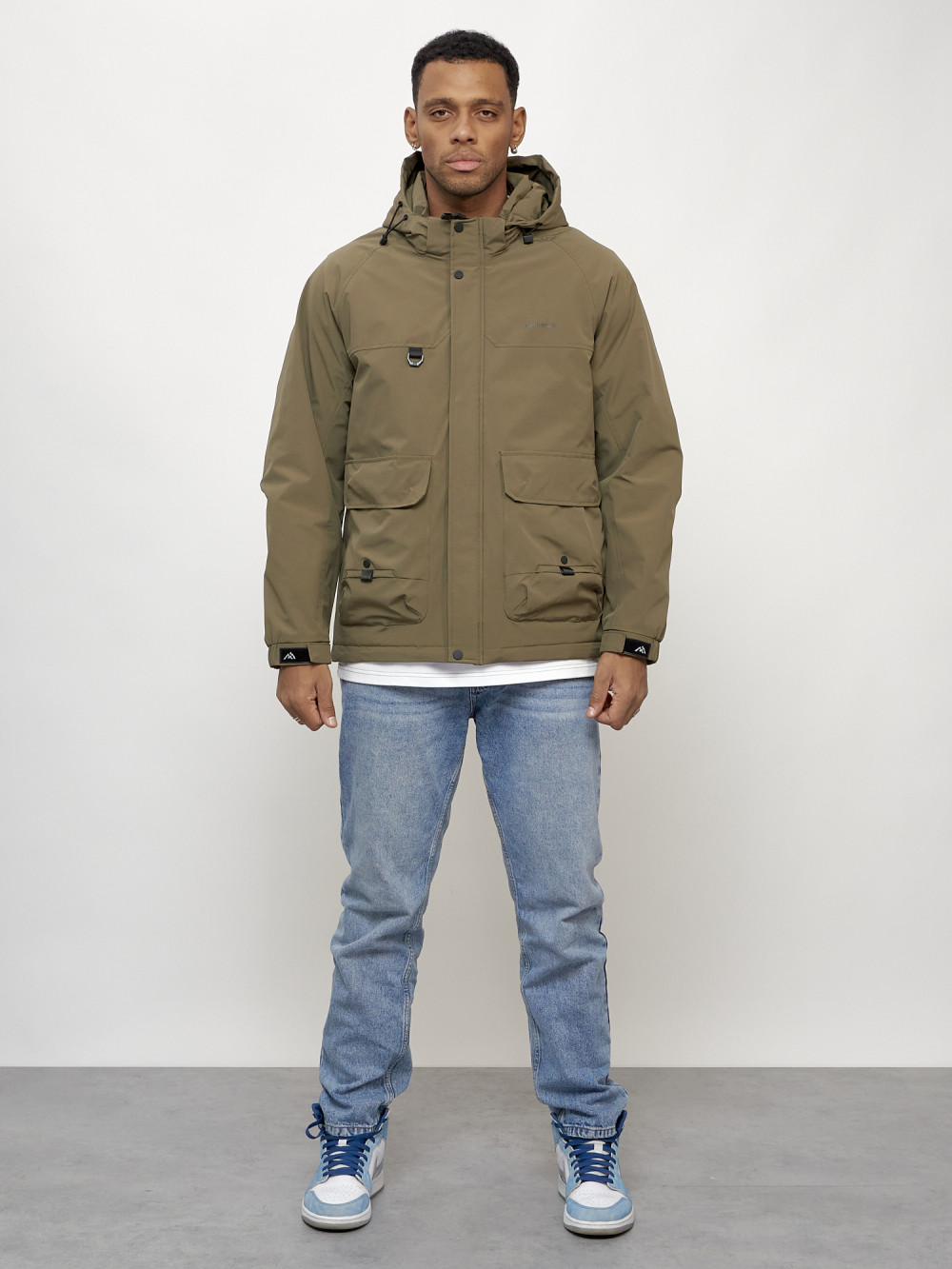 Куртка молодежная мужская весенняя с капюшоном темно-бежевого цвета 708TB