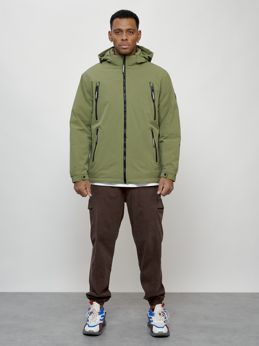 Куртка молодежная мужская весенняя с капюшоном зеленого цвета 7312Z