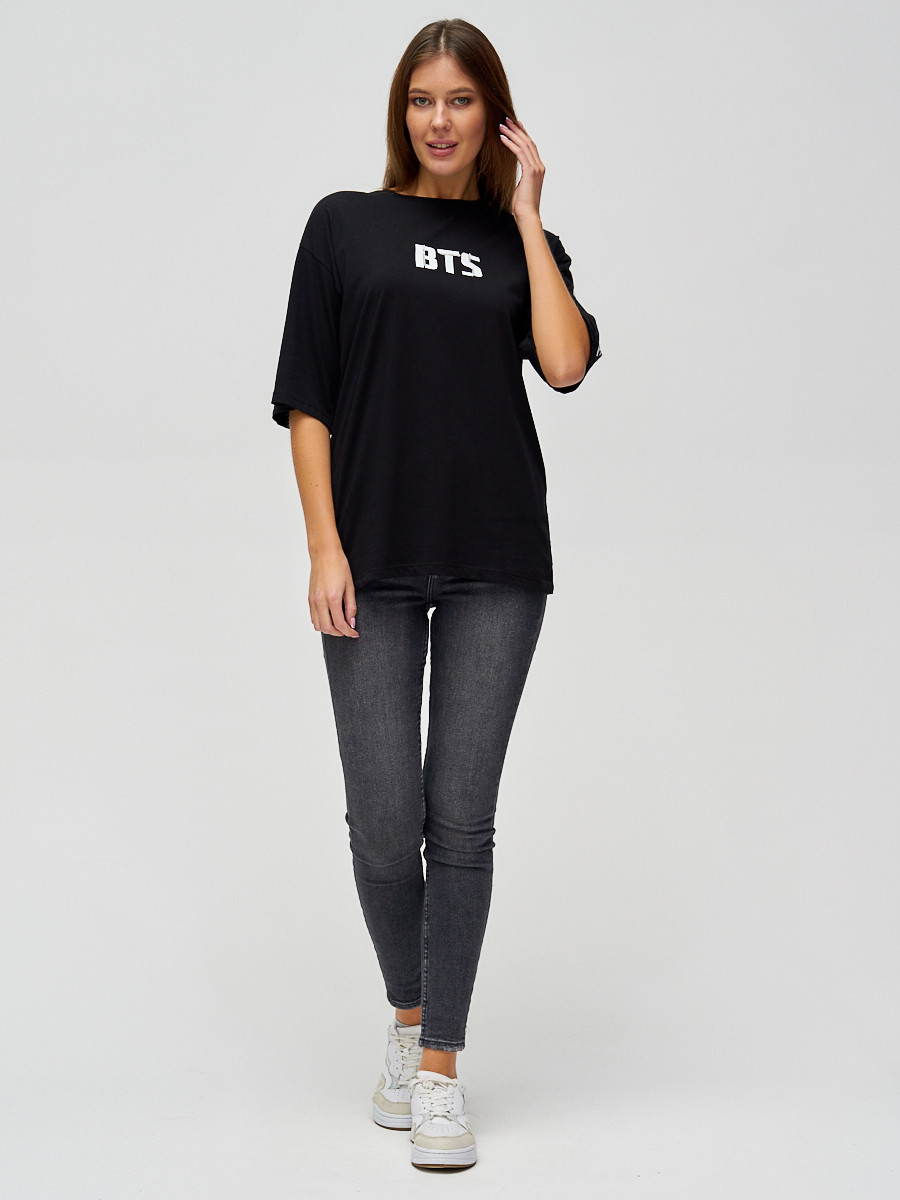 Купить оптом Женские футболки с надписями черного цвета 76017Ch в Казани