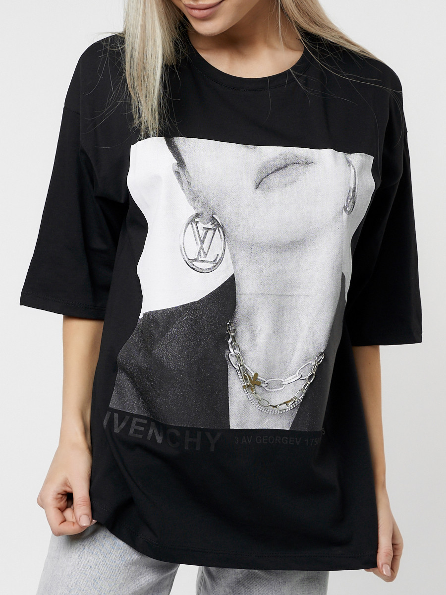 Купить оптом Женские футболки с принтом черного цвета 76098Ch в Екатеринбурге