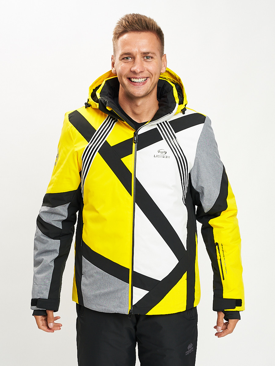 Купить оптом Горнолыжная куртка мужская желтого цвета 77015J в Екатеринбурге