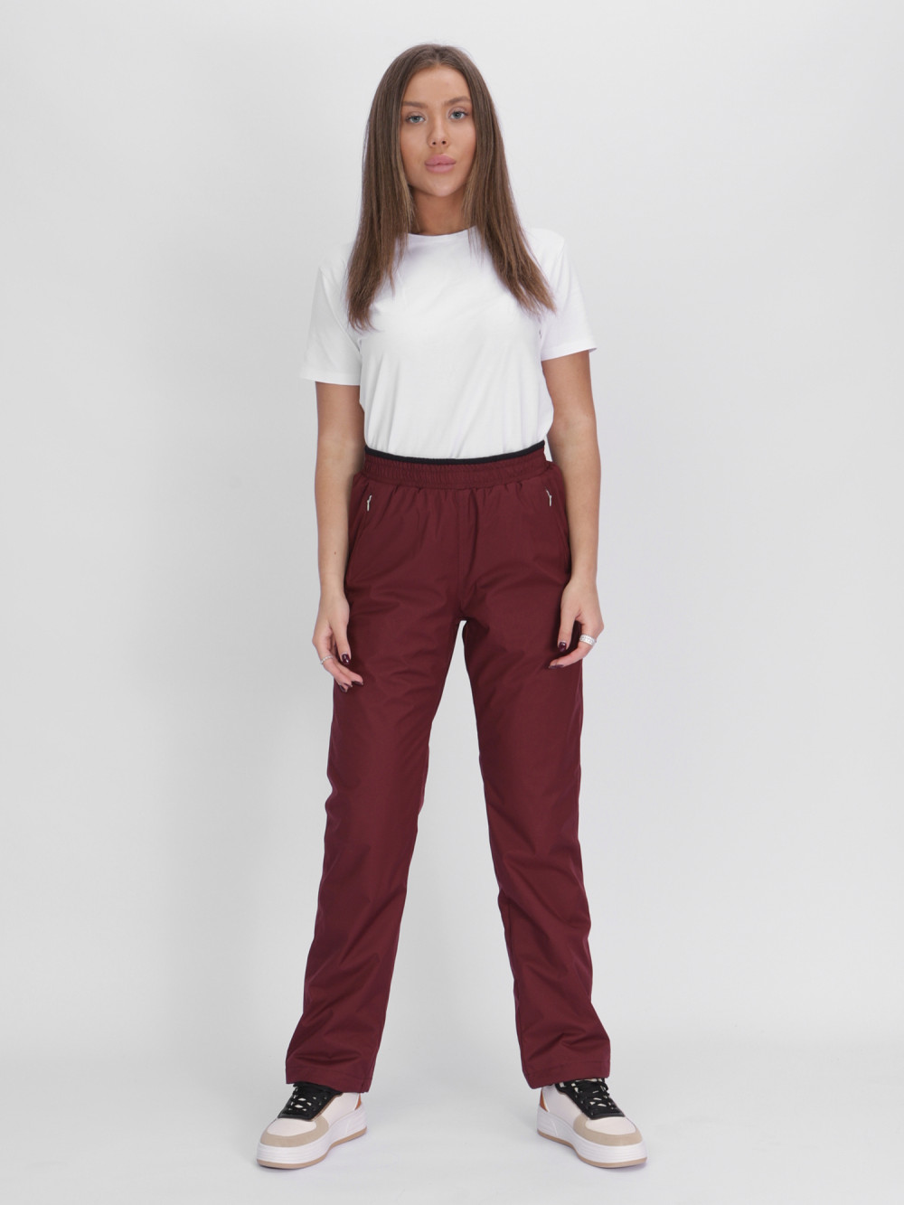 Купить оптом Утепленные спортивные брюки женские бордового цвета 88149Bo в Екатеринбурге
