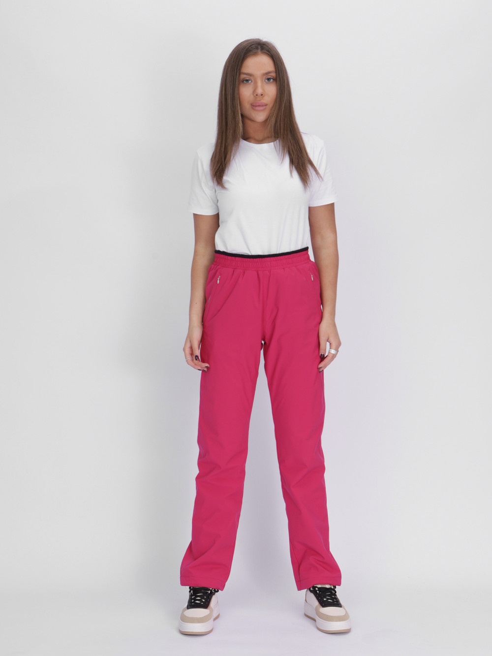Купить оптом Утепленные спортивные брюки женские розового цвета 88149R в Екатеринбурге