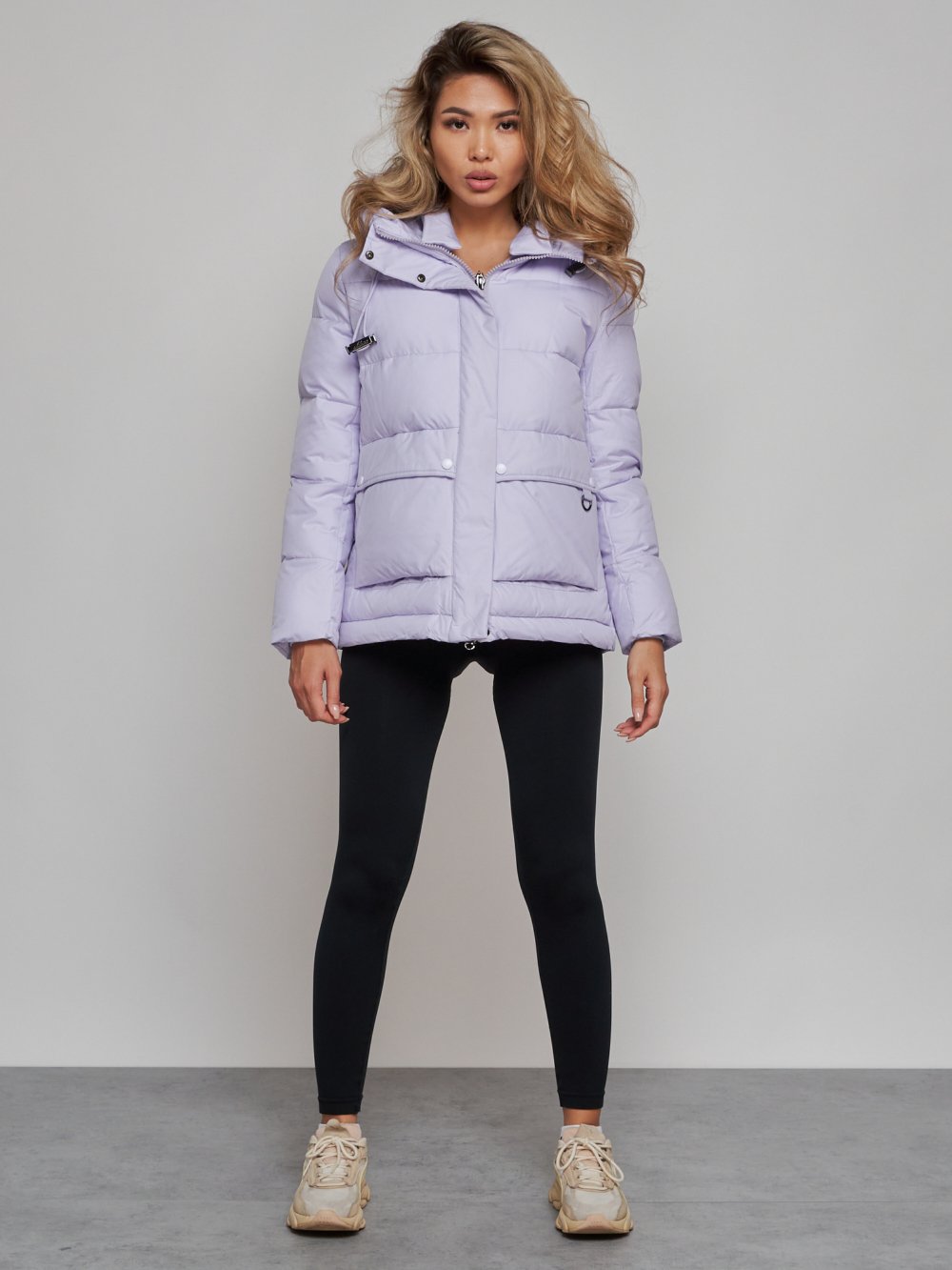 Купить оптом Зимняя женская куртка модная с капюшоном фиолетового цвета 52303F в Екатеринбурге