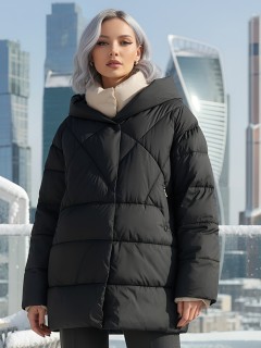 Куртка женская зимняя с капюшоном большого размера черного цвета 1170Ch