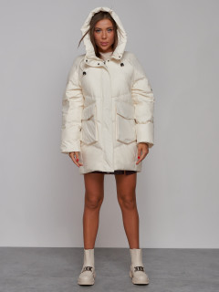 Зимняя женская куртка модная с капюшоном светло-коричневого цвета 52310B