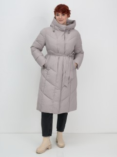 Пальто зимнее утепленное с капюшоном женское серого цвета 7628Sr