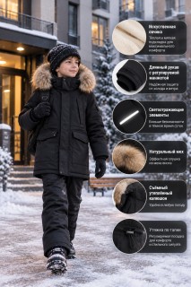 Куртка парка зимняя детская подростковая для мальчика с капюшоном и мехом черного цвета 9441Ch
