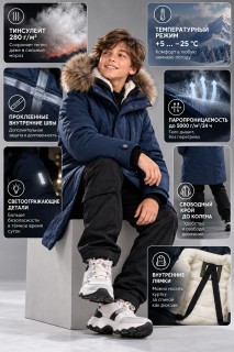 Парка зимняя подростковая для мальчика с капюшоном и мехом темно-синего цвета 9535TS