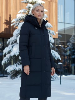 Пальто утепленное стеганное зимнее с капюшоном женское черного цвета 9601Ch