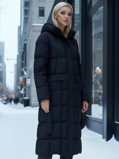 Пальто утепленное стеганное зимнее с капюшоном женское черного цвета 9609Ch