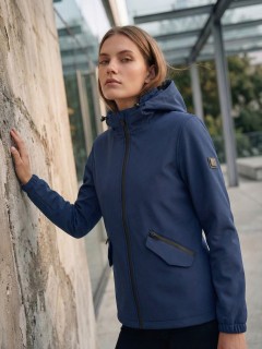 Ветровка женская софтшелл виндстоппер с капюшоном спортивная темно-синего цвета 9612_1TS