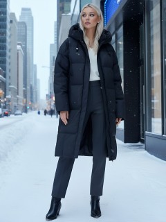 Пальто летучая мышь женское с капюшоном зимнее черного цвета 9619Ch