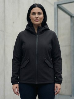 Ветровка женская софтшелл большого размера с капюшоном ветрозащитная черного цвета 9620_1Ch