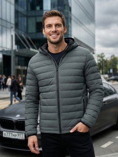 Куртка мужская стёганая с капюшоном с графеновой подкладкой цвета хаки 9623_1Kh