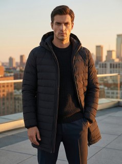 Куртка мужская удлинённая стёганая с капюшоном и графеновой подкладкой черного цвета 9629_1Ch