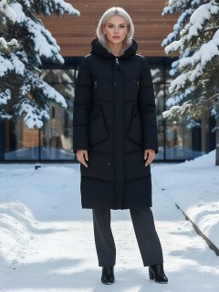 Пальто утепленное стеганное зимнее с капюшоном женское черного цвета 9639Ch