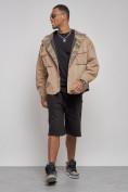 Оптом Джинсовая куртка мужская с капюшоном бежевого цвета 126040B, фото 12