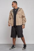 Оптом Джинсовая куртка мужская с капюшоном бежевого цвета 126040B в Кемерово, фото 2