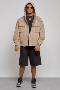 Оптом Джинсовая куртка мужская с капюшоном бежевого цвета 126040B, фото 5