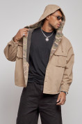 Оптом Джинсовая куртка мужская с капюшоном бежевого цвета 126040B, фото 6