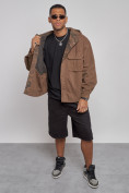 Оптом Джинсовая куртка мужская с капюшоном коричневого цвета 126040K, фото 10