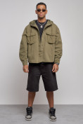 Оптом Джинсовая куртка мужская с капюшоном цвета хаки 126040Kh в Сочи