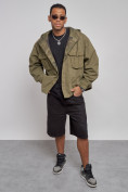 Оптом Джинсовая куртка мужская с капюшоном цвета хаки 126040Kh в Перми, фото 10