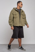 Оптом Джинсовая куртка мужская с капюшоном цвета хаки 126040Kh в Сочи, фото 3