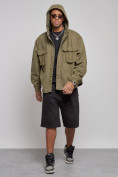 Оптом Джинсовая куртка мужская с капюшоном цвета хаки 126040Kh в Перми, фото 6