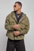 Оптом Джинсовая куртка мужская с капюшоном цвета хаки 126040Kh в Омске, фото 7