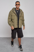 Оптом Джинсовая куртка мужская с капюшоном цвета хаки 126040Kh в Перми, фото 9