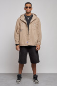 Оптом Джинсовая куртка мужская с капюшоном бежевого цвета 12768B