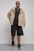 Оптом Джинсовая куртка мужская с капюшоном бежевого цвета 12768B в Тюмени, фото 13