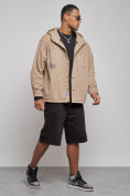 Оптом Джинсовая куртка мужская с капюшоном бежевого цвета 12768B в Перми, фото 3
