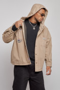 Оптом Джинсовая куртка мужская с капюшоном бежевого цвета 12768B в Санкт-Петербурге, фото 7