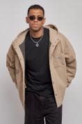 Оптом Джинсовая куртка мужская с капюшоном бежевого цвета 12768B в Самаре, фото 9