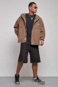 Оптом Джинсовая куртка мужская с капюшоном коричневого цвета 12768K, фото 13