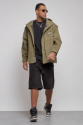 Оптом Джинсовая куртка мужская с капюшоном цвета хаки 12768Kh в Челябинске, фото 11