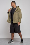 Оптом Джинсовая куртка мужская с капюшоном цвета хаки 12768Kh в Краснодаре, фото 2