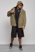 Оптом Джинсовая куртка мужская с капюшоном цвета хаки 12768Kh в Казани, фото 5