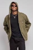 Оптом Джинсовая куртка мужская с капюшоном цвета хаки 12768Kh в Уфе, фото 6