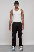 Оптом Широкие спортивные брюки трикотажные мужские черного цвета 12908Ch