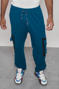 Оптом Широкие спортивные брюки трикотажные мужские синего цвета 12908S, фото 5